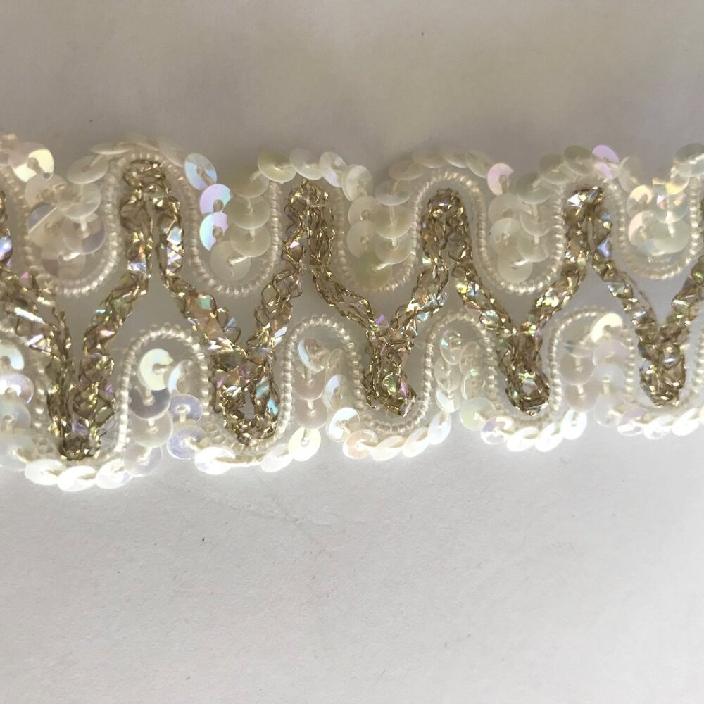 Vintage Ribbon Trim White Sequins Bridal Costumes Gold Metalic Slight Stretch 84